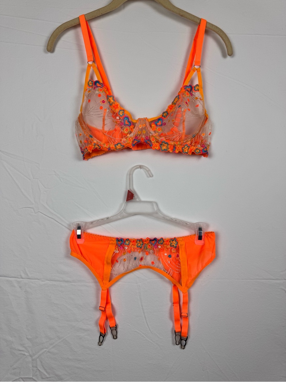 Source Unknown Neon Orange Embroidered Sheer Bra & Garter Set